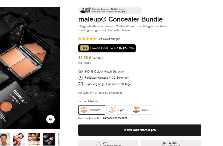 maleup® Concealer Bundle aus "Die Höhle der Löwen" im Angebot – perfekt zum Kaschieren von Augenringen und Hautunreinheiten, jetzt zum reduzierten Preis erhältlich.
