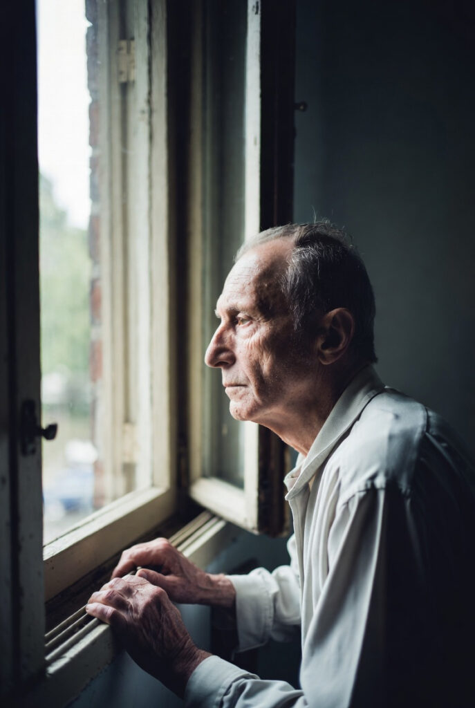 Mann 90 Jahre alt schaut aus dem Fenster Alzheimer